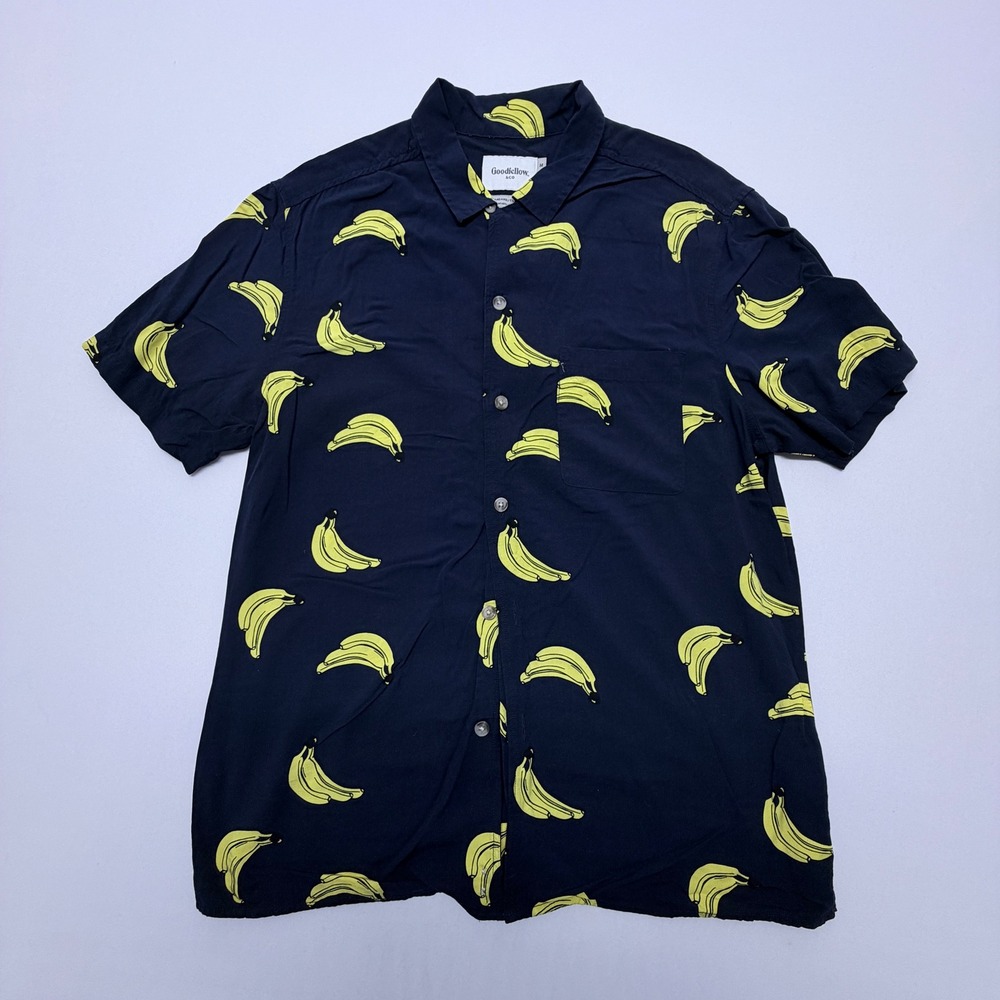 Goodfellow & Co Mens Banana Print Short Sleeve Button Down Shirt Navy Blue M